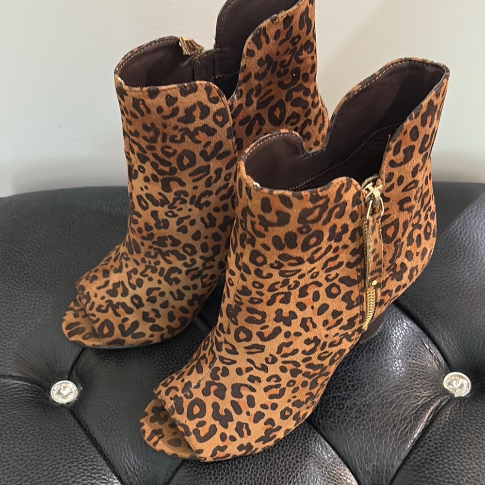 Leopard Print Peep Toe Ankle Boots